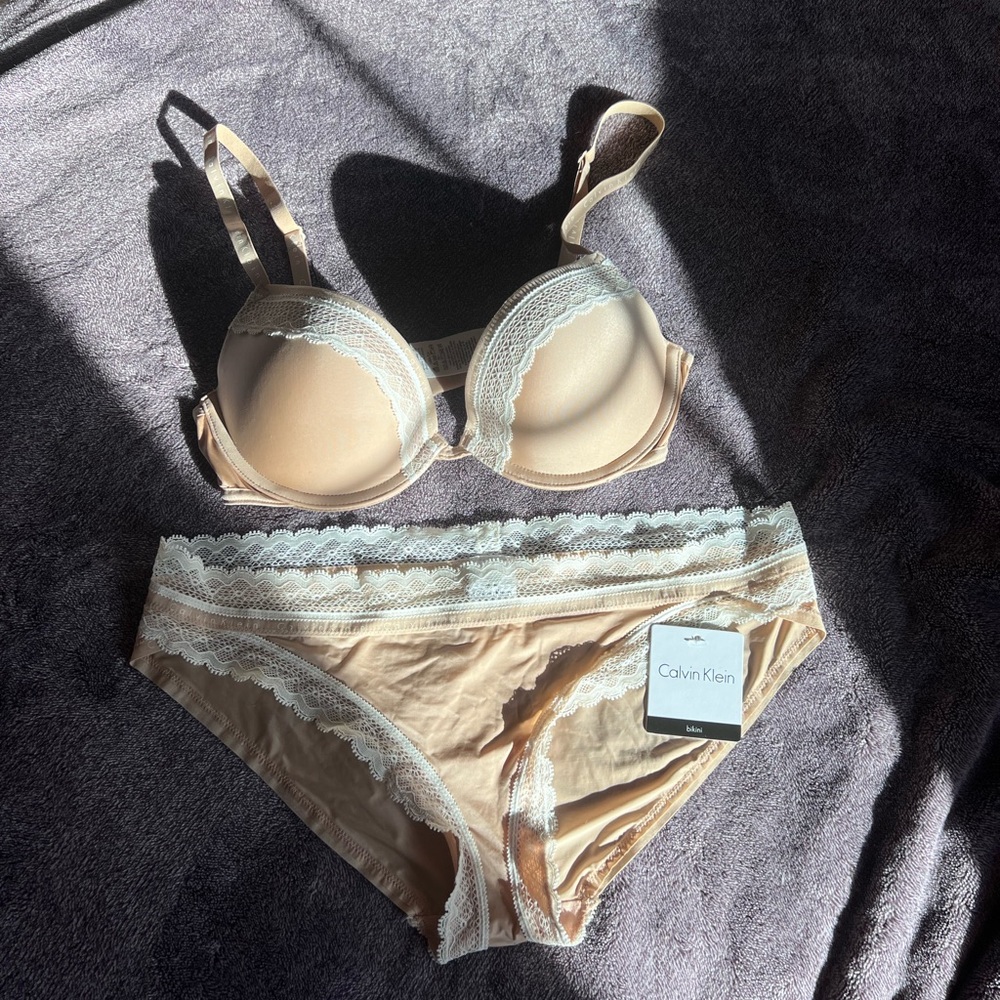 Calvin Klein Nude Bra & Lace-Trim Bikini Set
